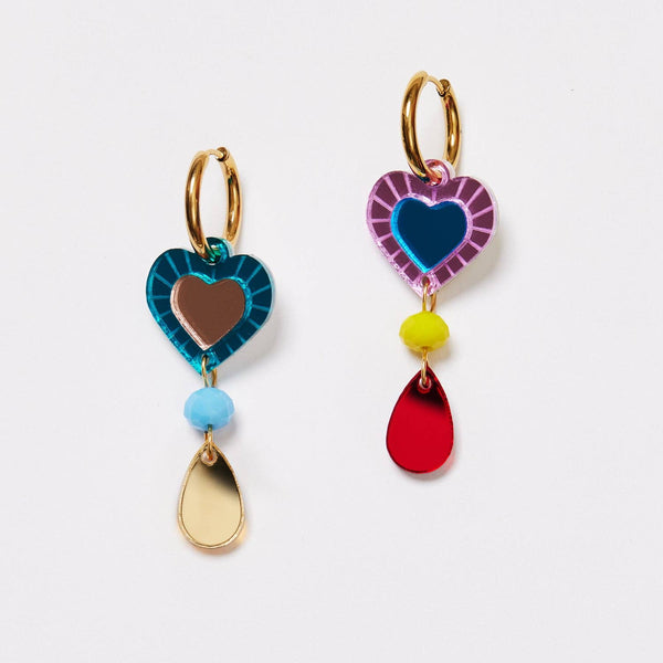 'Martha Jean' Heart and Bead Earrings - Rainbow