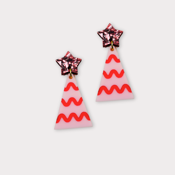 Christmas Tree Earrings - Wavy - Pink / Pink