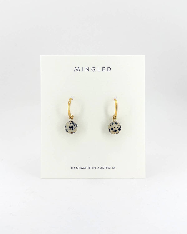 Gold Huggie Earrings with Removable Dalmation Jasper Charm