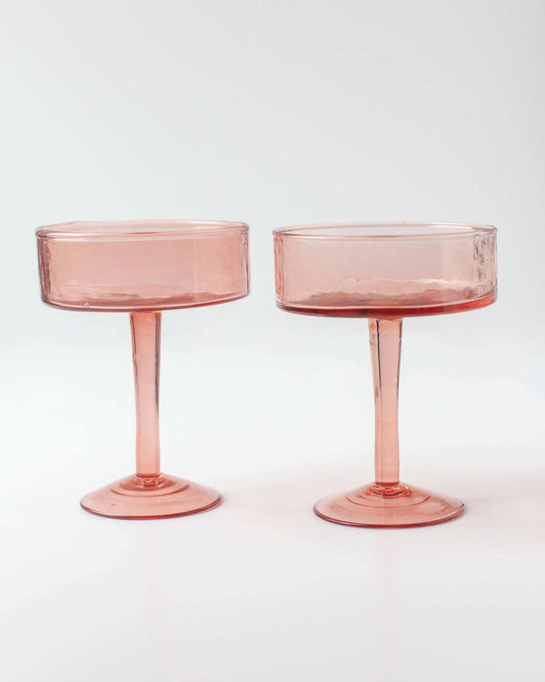 Set of two Creative Woman Handblown hammered coupe cocktail glasses in pink recycled glass