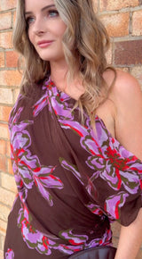 Margo One Shoulder Dress with exclusive floral print and subtle waist gathering in full-length maxi silhouette