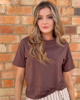 Chocolate Jen Tee made of cotton blend, styled for versatile everyday wear