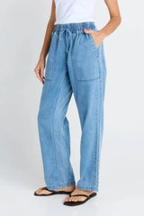 Quinn Cotton Jogger in light blue denim with an elasticated drawstring waist and functional side pockets.