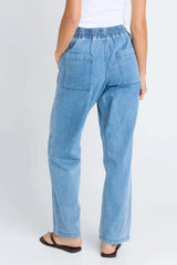 Quinn Cotton Jogger in light blue denim featuring an elasticated waistband and functional back pockets.