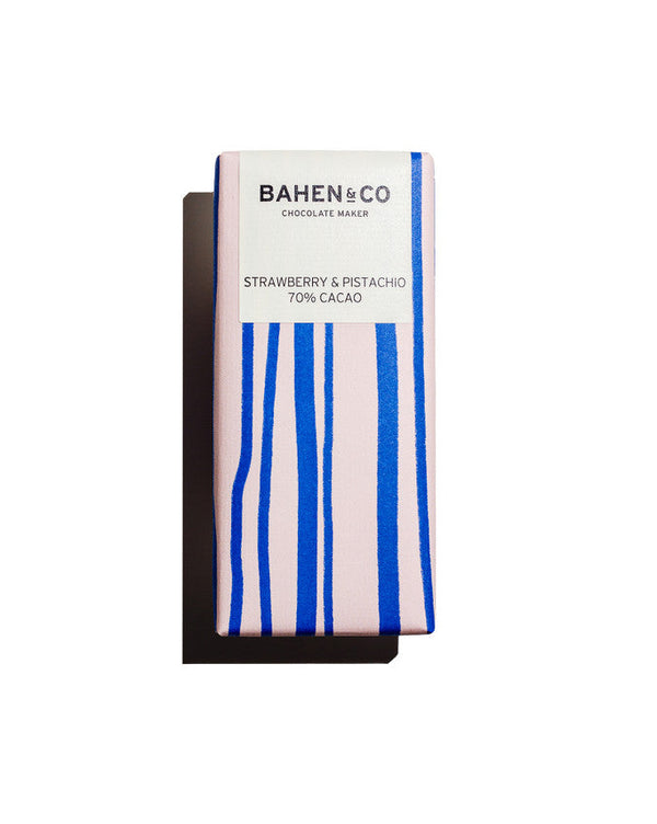 Bahlen & Co chocolate bar with blue and white packaging on a white background