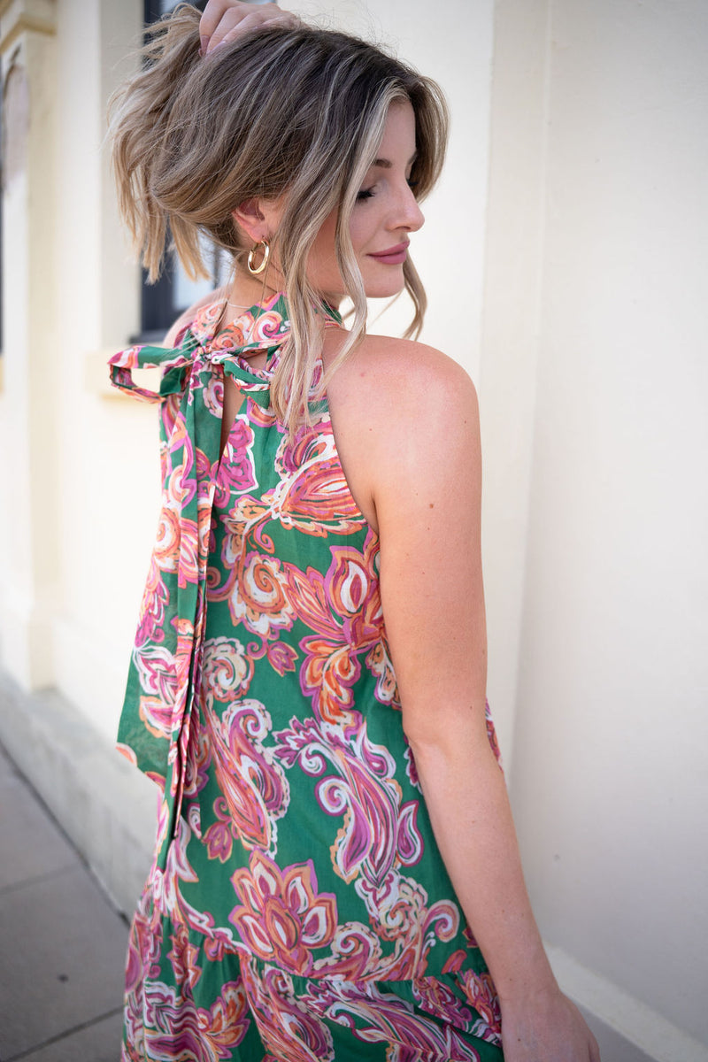 Malia Halter Dress- Pink Green Paisley