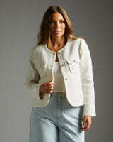 white Paris style cropped gold button jacket 