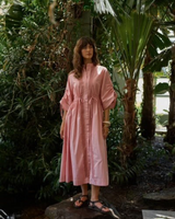 House of Holabox Etta dusty rose cotton maxi dress with lace details, drawstring waist, and elbow-length sleeves.