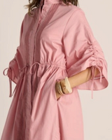 House of Holabox Etta lace detailed maxi dress in dusty rose with adjustable drawstring sleeves and waist