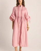 House of Holabox Etta maxi dress in dusty rose cotton with delicate lace trim, drawstring waist, and elbow sleeves.