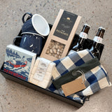 Campfire Boss Father's Day gift box with navy mugs, marshmallows, pistachios, tea towel, matches, and choice of Shiraz or lager