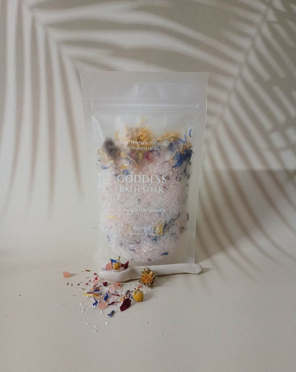 Seventeen70 Botanicals Goddess Bath Soak with dried flowers and salts for feminine wellness and relaxation