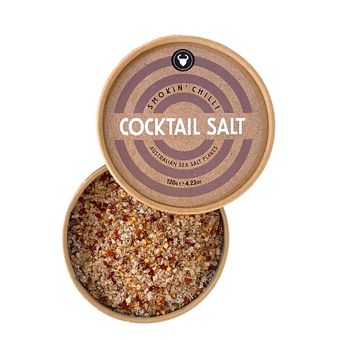 Olssons Cocktail Salts Smokin Chilli Australian sea salt flakes with smoked red gum and chili in a round container