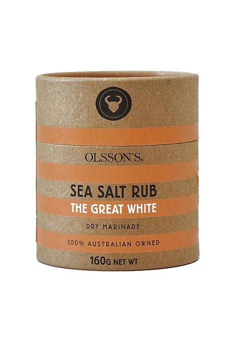 Ollsson's Sea Salt Rub container with orange stripes on a white background
