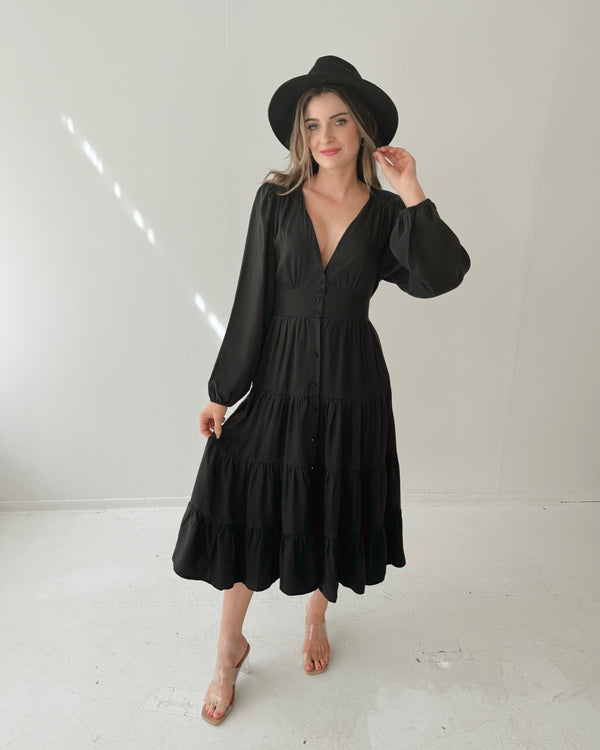 Charity Tiered Midi Dress - Black