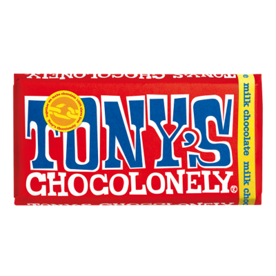 Tony's Milk Chocolates assorted milk chocolate bar with classic caramel and sea salt in red packaging promoting slave-free chocolate
