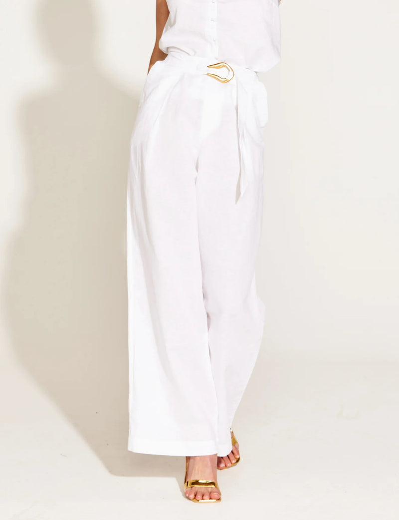 A Walk In The Park High Waisted Belted Wide Linen Leg Pant - White
