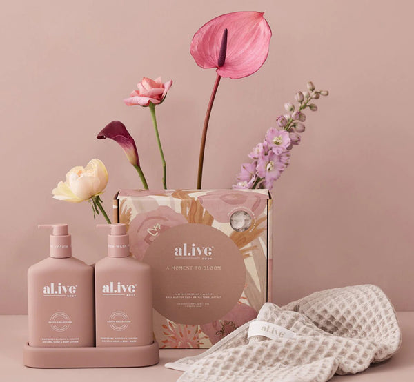 ‘Al.Ive Body’ Wash & Lotion Duo + Waffle Towel Gift Set - Raspberry Blossom & Juniper
