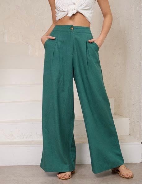 Charlotte Wide Leg Linen Pant - Emerald