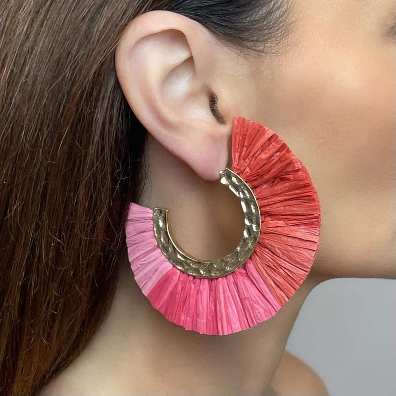 Pink Paradise Raffia Hoop Earrings