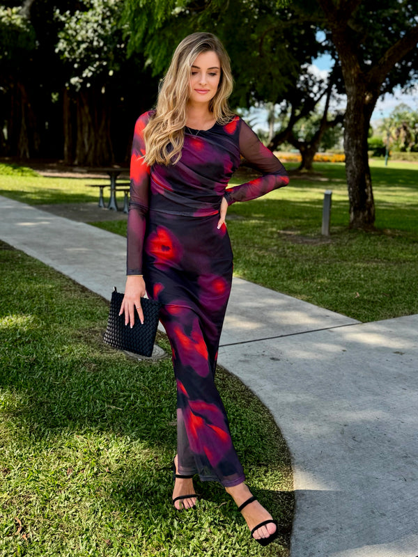 Geneva Long Sleeve Mesh Maxi Dress
