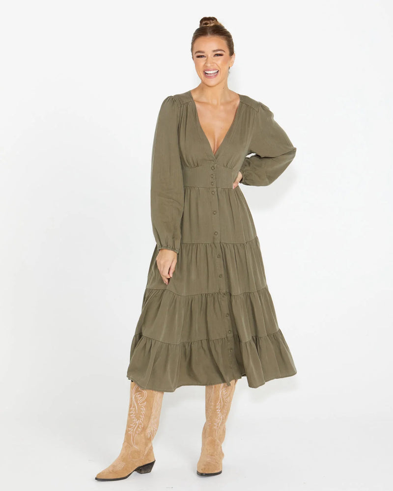 Charity Tiered Midi Dress - Olive