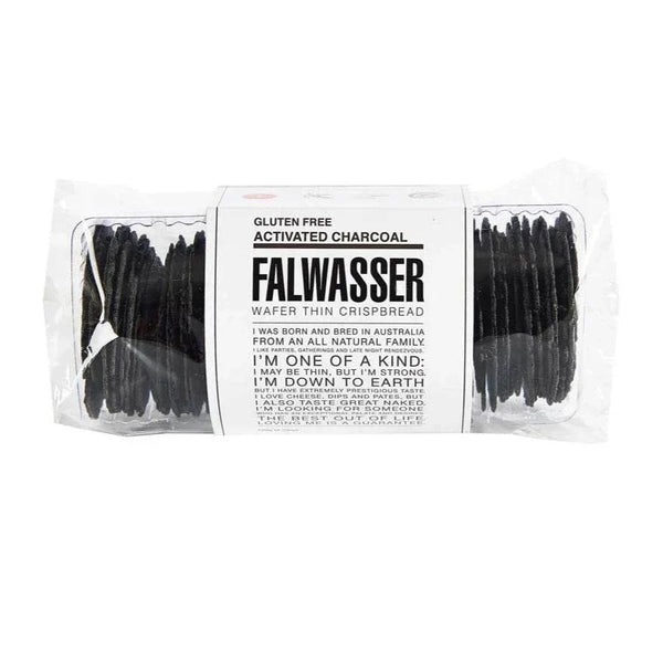 Package of Falwasser Wafer Thins gluten-free activated charcoal crispbread, 120g, ideal for cheese lovers