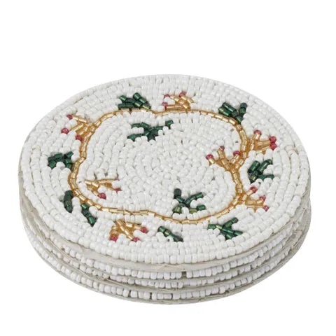 Glass Acrylic Beaded Coaster White Green