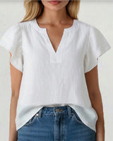 White Michelle Top with V neckline and flutter sleeves in linen cotton blend
