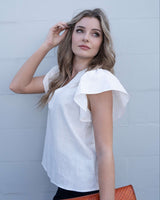 Michelle Top white linen cotton blend with v neckline and flutter sleeves