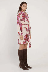 Novara Linen Dress with exclusive print, button-through front, removable waist tie, and side pockets for functional style