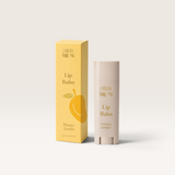 House of Holabox Stray Willow Silk Lip Duo in Mango Sorbet featuring a yellow box and a beige lip balm stick.