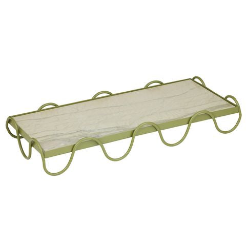 Green metal and beige wooden bench on a white background