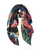 Chloe Abstract Forest scarf in black with pink, green and navy tree patterns and frayed edges.