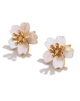 Daisy Delicate Pearly Stud Earrings featuring white floral petals and a central gold stamen on a white background.