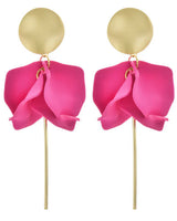 Olivia matte gold and hot pink flower petal dangle earrings with a layered floral design and gold post.