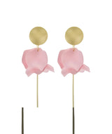 Olivia matte gold and light pink flower petal dangle earrings with a layered floral design.