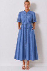 Jennifer Blue Tie Waist Midi Dress