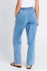 Quinn Cotton Jogger in light blue denim featuring an elasticated waistband and functional back pockets.