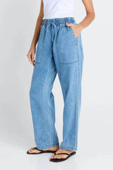 Quinn Cotton Jogger in light blue denim with an elasticated drawstring waist and functional side pockets.