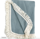 Blue textured blanket with white fringe on a white background