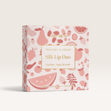 House of Holabox Stray Willow Peaches & Cream Silk Lip Duo box featuring a pink fruit pattern and gold text.