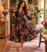 Woman in a floral dress holding flowers in a home setting