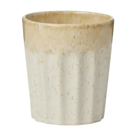 Beige ceramic cup on a white background