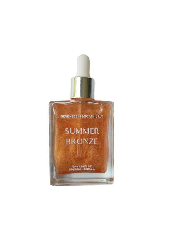 Bottle of 'Summer Bronze' skincare product by Seventeen Botanicals on a white background