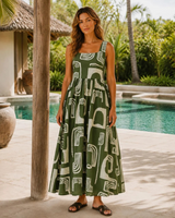 Abstract Print Square Neck Midi Dress - Sage -House of Holabox