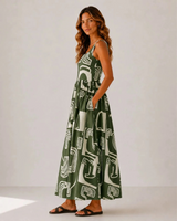 Abstract Print Square Neck Midi Dress - Sage -House of Holabox