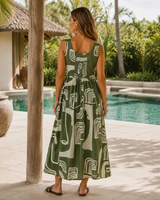 Abstract Print Square Neck Midi Dress - Sage -House of Holabox