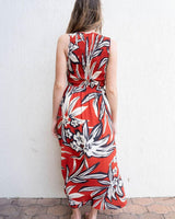 Back view of a red floral print tank dress with a shirred bodice and keyhole back detail.