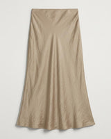 Beige midi skirt in smooth satin with a flattering bias cut silhouette and high-rise waistband.